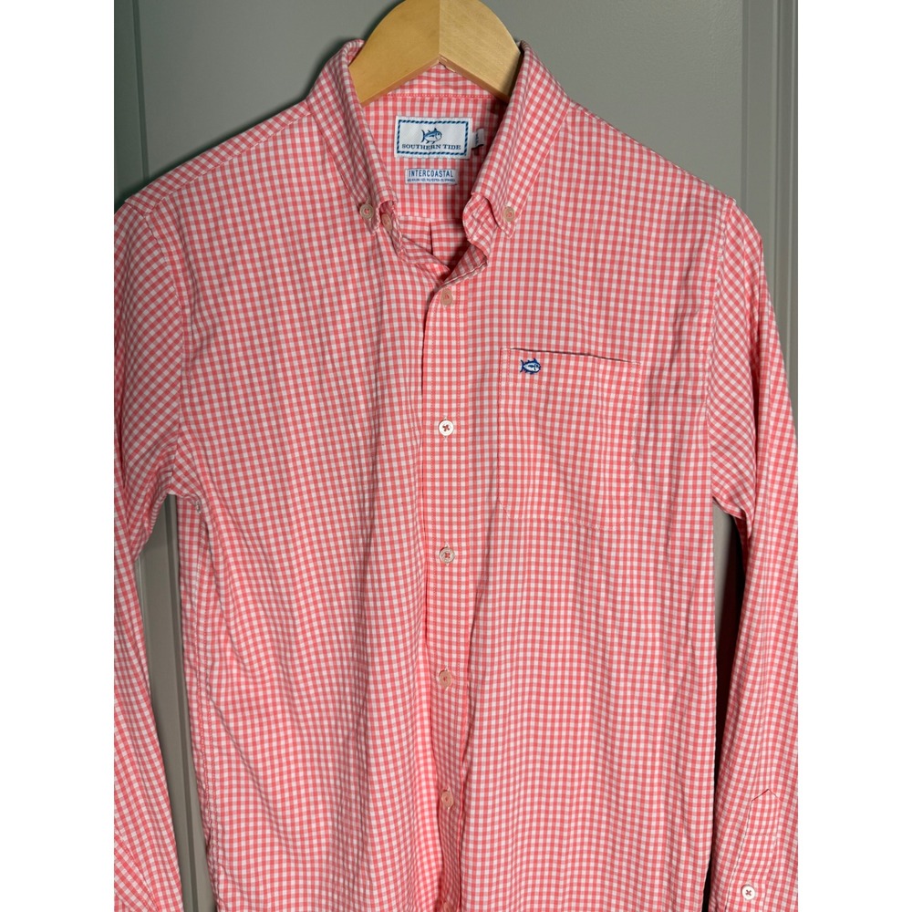 Southern Tide Intercoastal Boys XL 16 Orange Gingham Performance Button Down